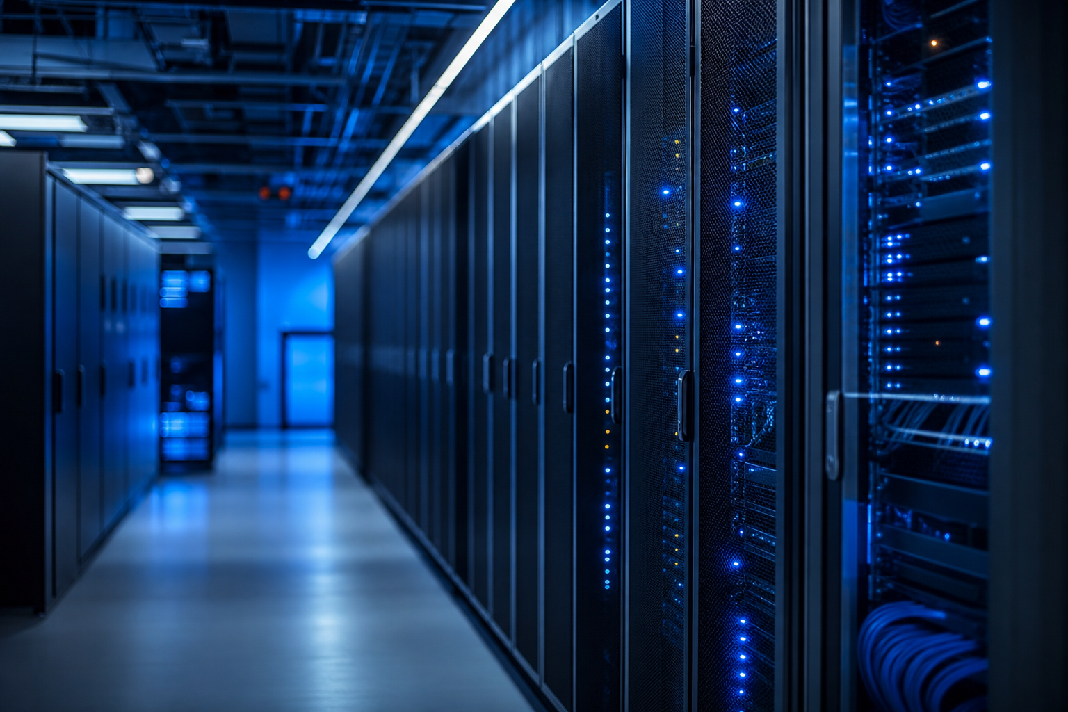 Enterprise server room with organized network racks and infrastructure